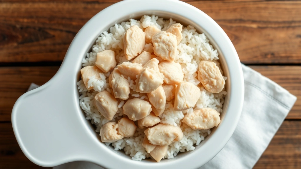 why do dogs have diarrhea -
Photorealistic overhead shot of plain white rice and boiled chicken pieces in a