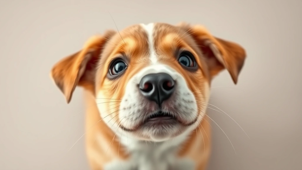 why do dogs have whiskers -
Photorealistic overhead shot of a puppy’s face looking up, whiskers clear