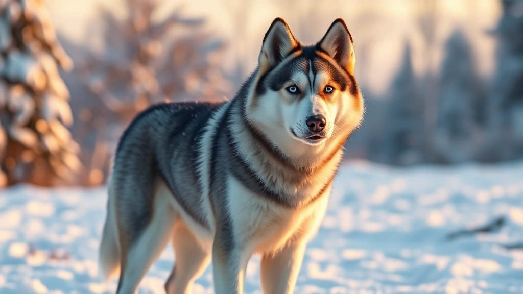 why do dogs howl when they hear sirens -
A photorealistic image of a husky standing outdoors in a snowy landscape
