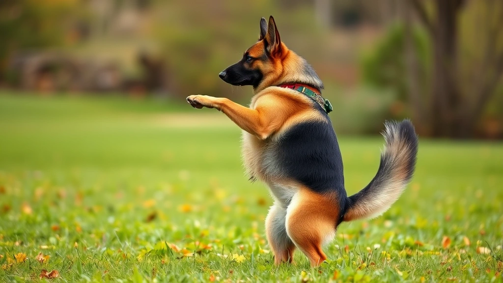 why do dogs kick after they pee -
Photorealistic side view of a confident German Shepherd performing an exaggerat
