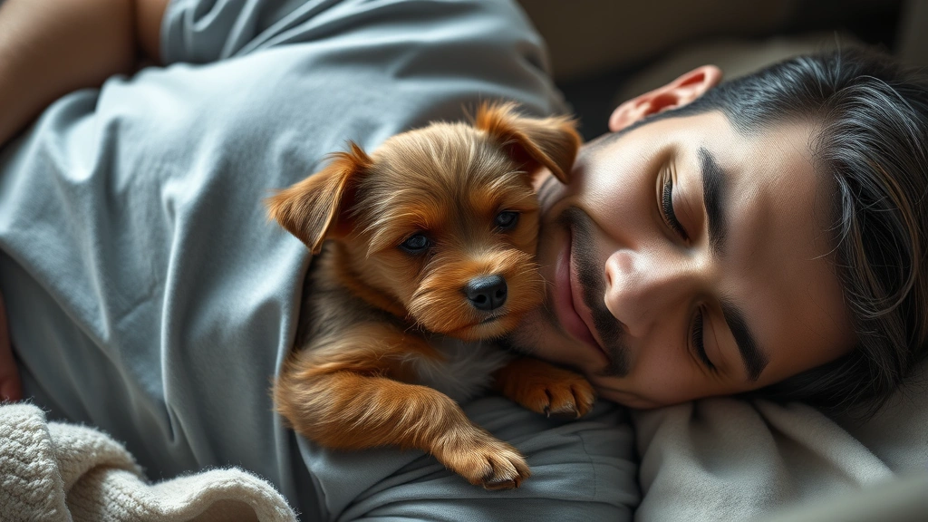 why do dogs lay on you -
Photorealistic image of a small brown dog snuggled against a man’s chest