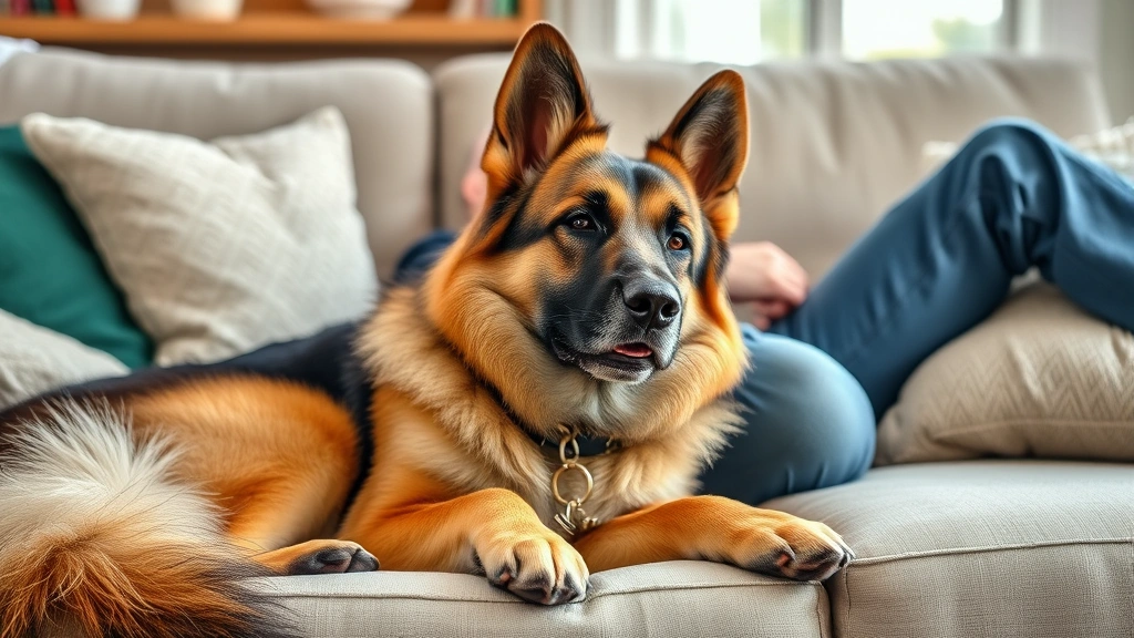 why do dogs lay on you -
Photorealistic image of a large German Shepherd laying across a person’s