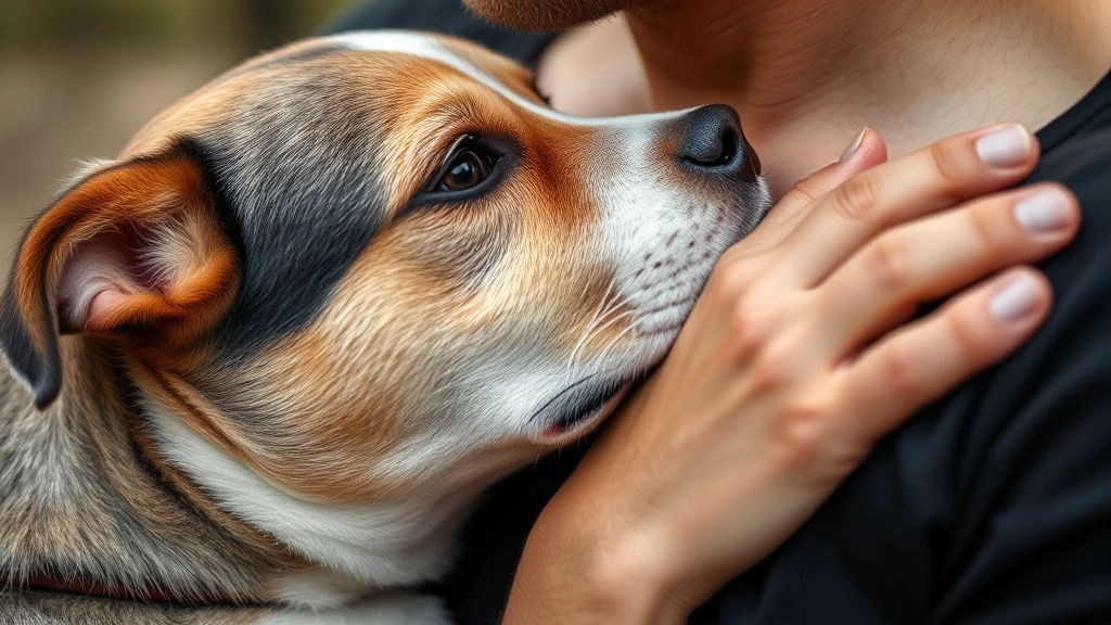 why do dogs lean on you -
Close-up of dog’s face pressing against human’s chest in affectiona