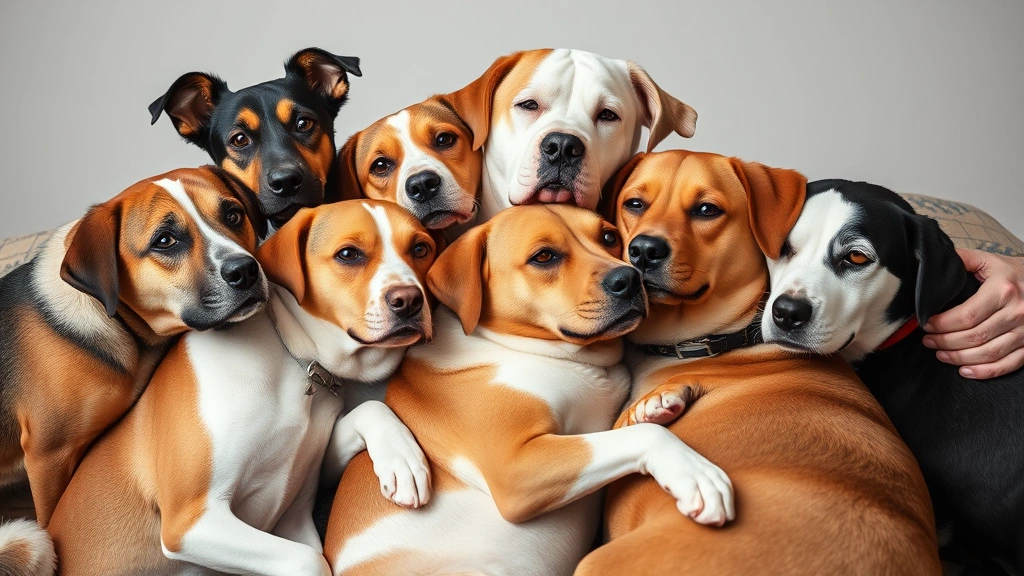 why do dogs lean on you -
Multiple dogs of different breeds leaning on each other and their owner during