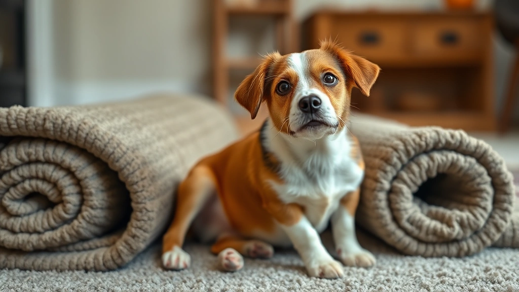 why do dogs lick carpet -
A brown and white dog sitting next to a rolled-up carpet, looking up at the cam