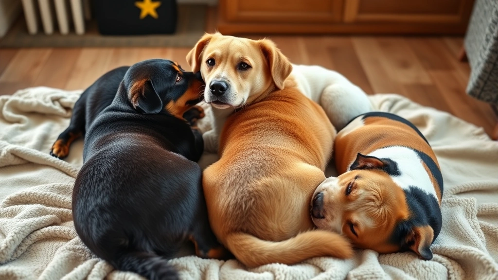 why do dogs lick other dogs ears -
Three dogs of different breeds lying together on a soft blanket indoors, showin