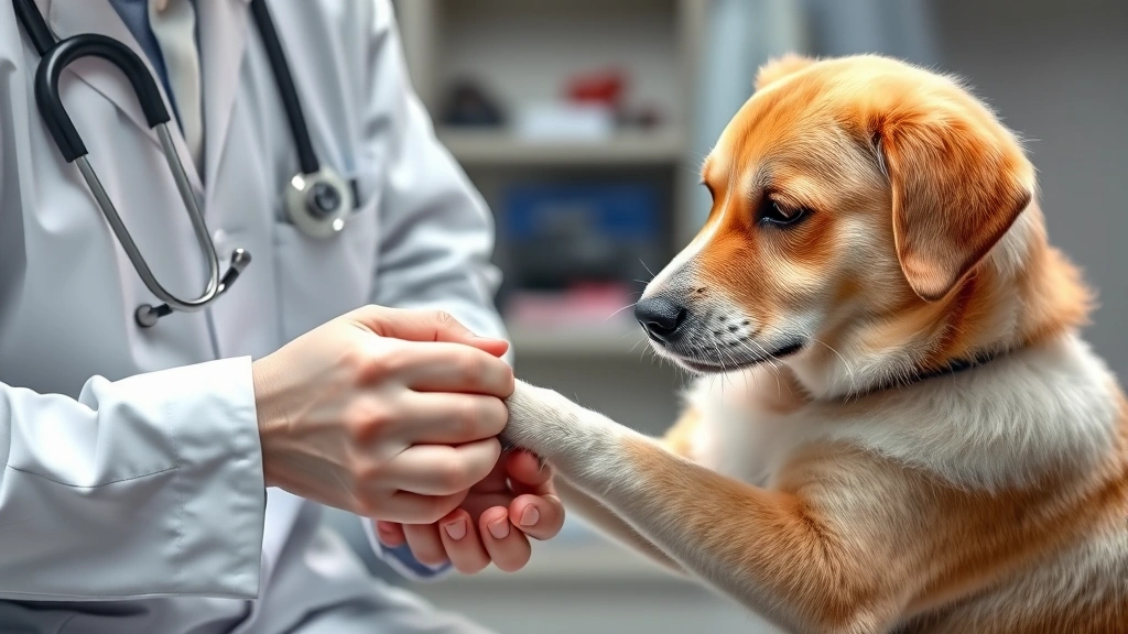 why do dogs lick paws -
Photorealistic image of a veterinarian examining a dog’s paw during a che