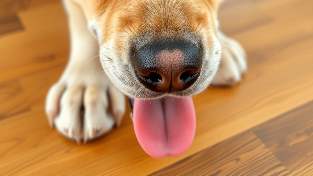 why do dogs lick the floor -
A close-up of a dog’s tongue touching a wooden floor surface