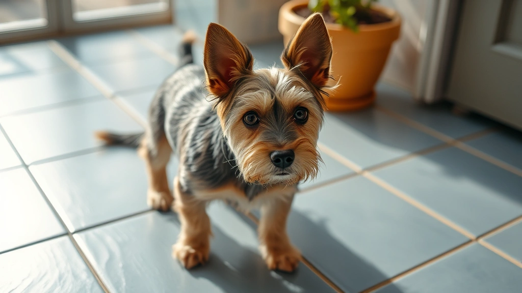 why do dogs lick the floor -
A small terrier dog on a cool tile floor during summer