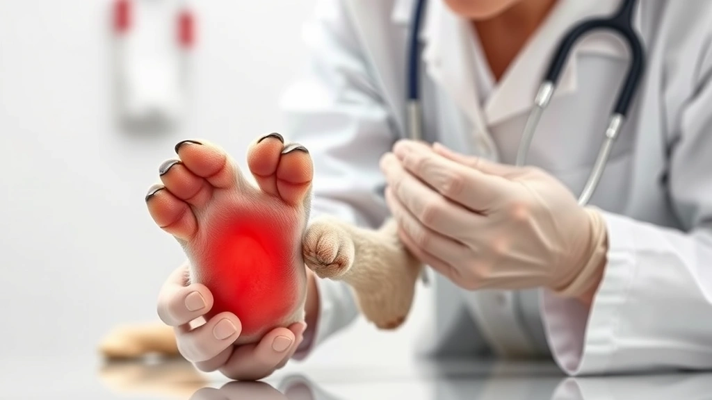 why do dogs lick their feet -
Photorealistic image of a veterinarian examining a dog’s inflamed red paw