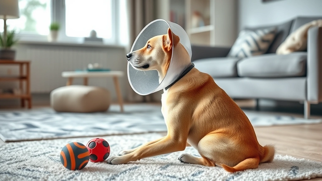 why do dogs lick their feet -
Photorealistic side view of a dog wearing a protective cone collar sitting on a