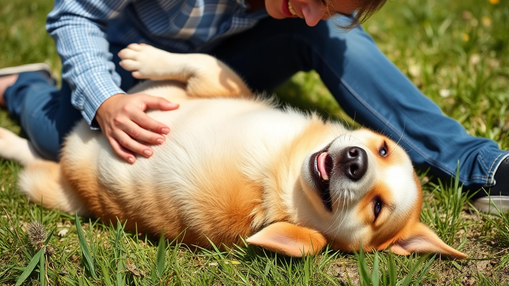 why do dogs like a belly rub -
Happy dog rolling on its back in grass outdoors, owner leaning down to rub bell