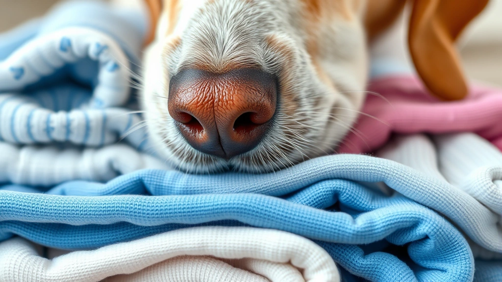 why do dogs like socks -
Photorealistic close-up of a dog’s nose sniffing a pile of clean folded s