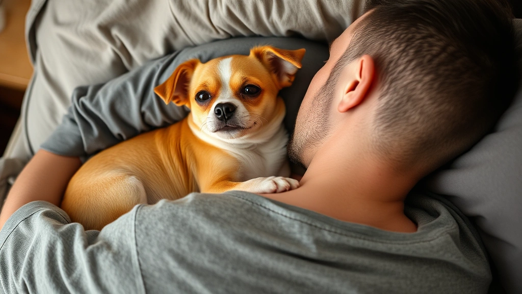 why do dogs like to cuddle -
A small dog and a man cuddling together on a bed