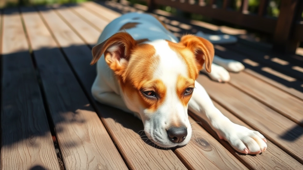 why do dogs like to sunbathe -
White and brown mixed breed dog sunbathing on wooden deck with dappled sunlight