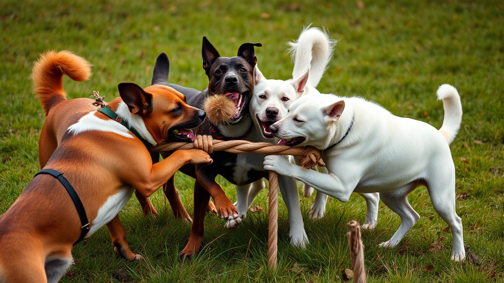 why do dogs like tug of war -
Multiple dogs of different breeds playing tug of war together in a grassy outdo