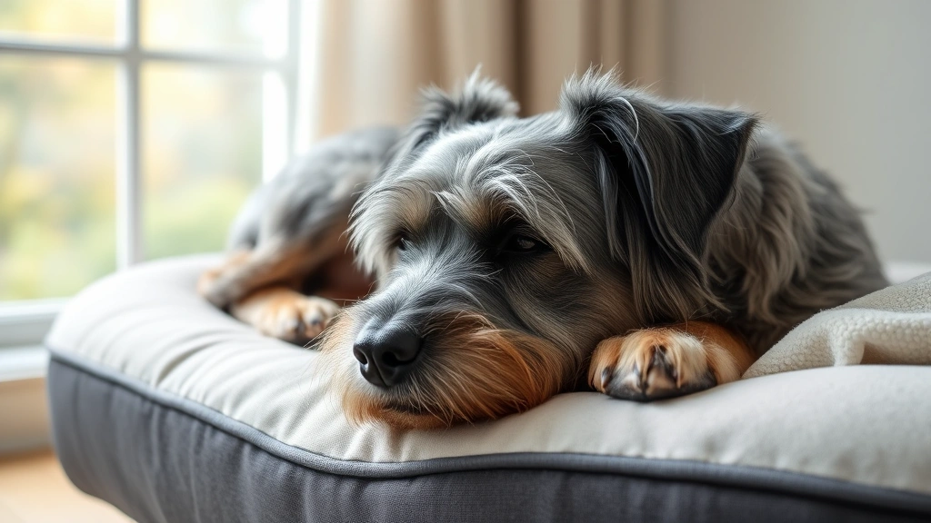 why do dogs live so short -
Photorealistic image of a senior gray-muzzled dog resting peacefully on an orth