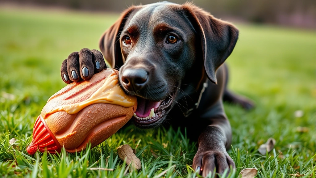 why do dogs love peanut butter -
Photorealistic chocolate Labrador playing with frozen Kong toy stuffed with pea