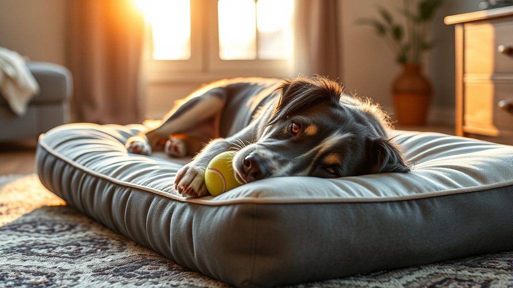 why do dogs love tennis balls -
A dog lying on a memory foam bed holding a tennis ball, cozy home setting, afte