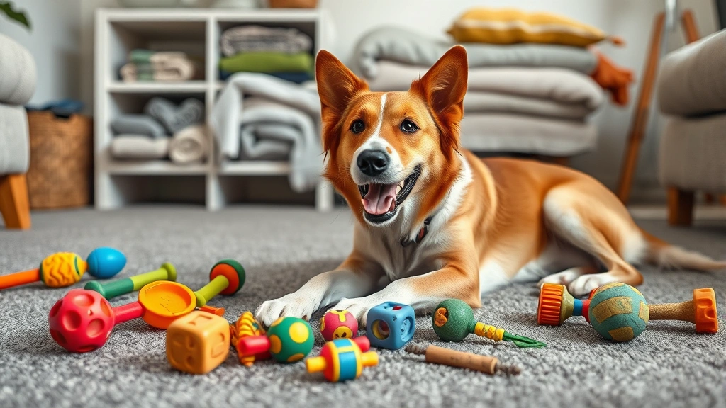 why do dogs nibble on blankets -
A happy adult dog playing with various colorful chew toys and puzzle toys scatt