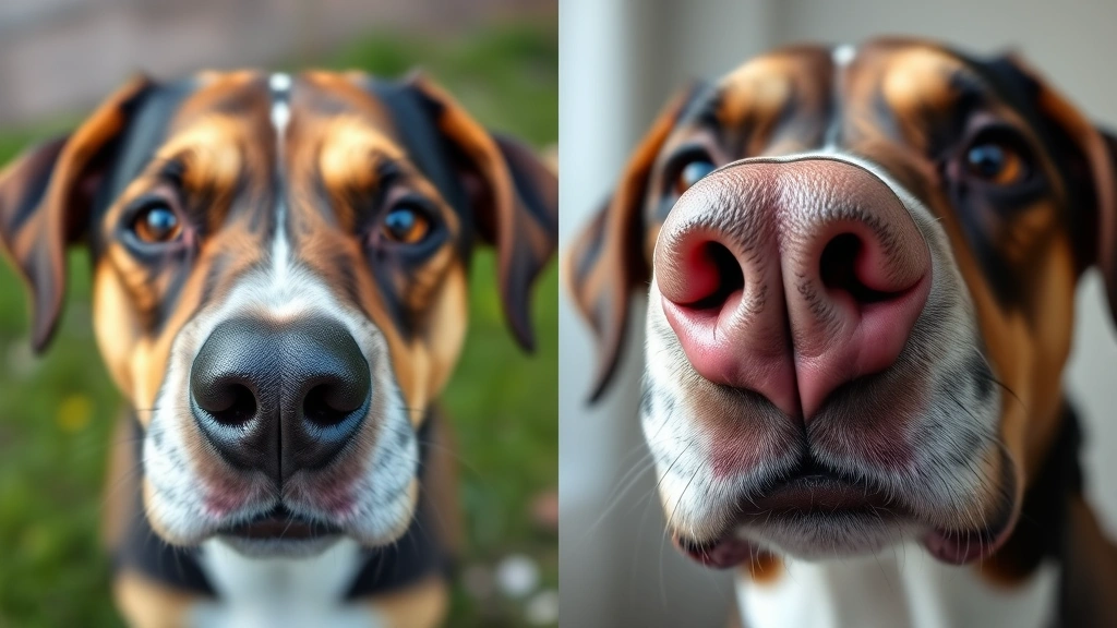 why do dogs noses turn pink -
Photorealistic side-by-side comparison of a dog’s black nose and pink nos