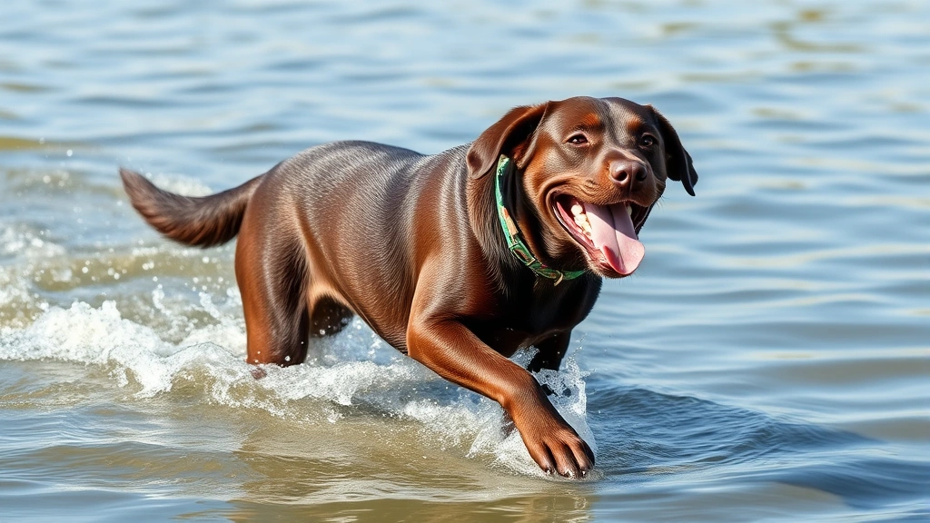 why do dogs pant -
Young Labrador running through shallow water during summer, mid-pant with happy