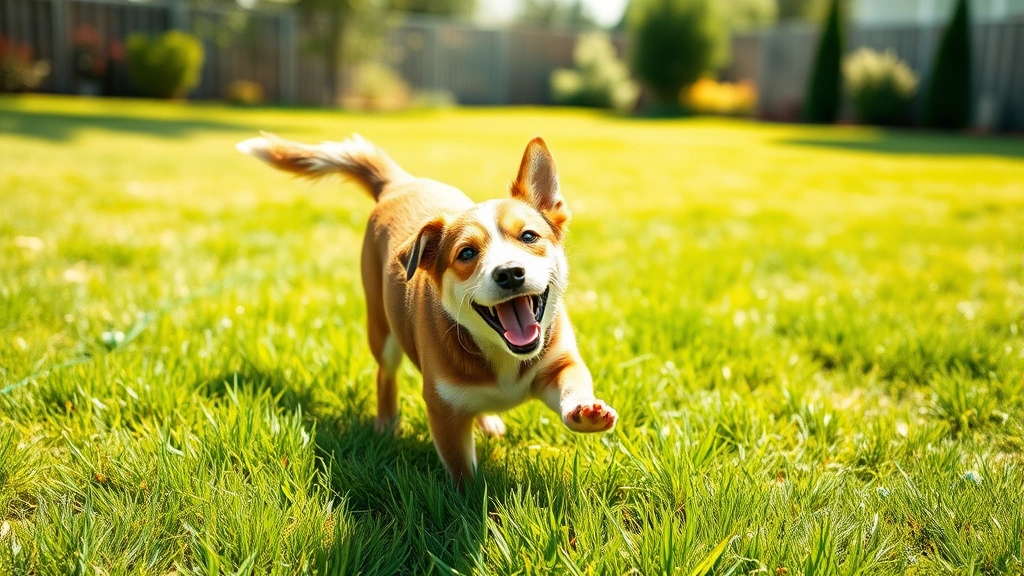why do dogs pee on beds -
A happy dog playing outside in a grassy yard during daytime, photorealistic sty