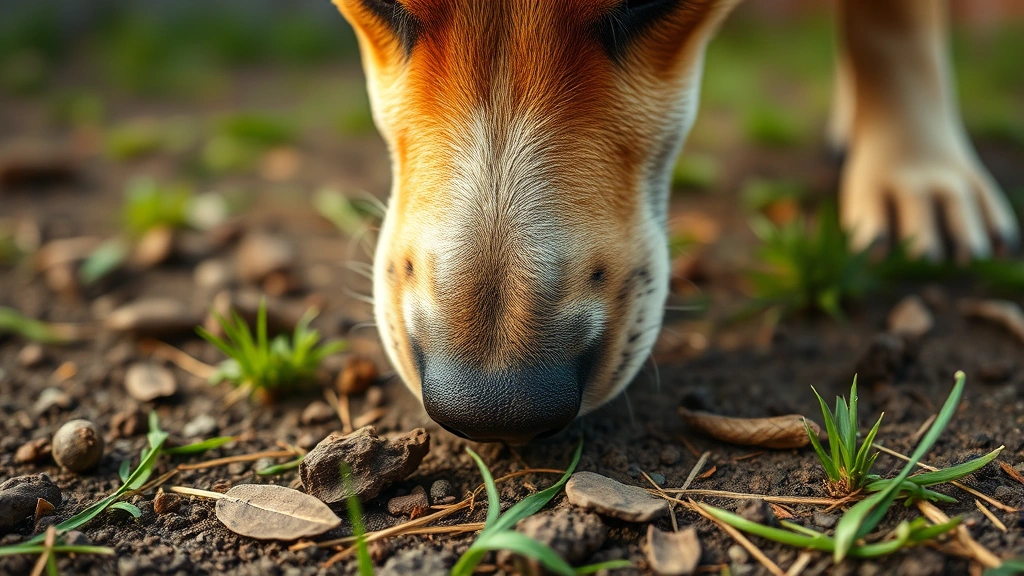 why do dogs roll in poop -
Photorealistic close-up of a dog’s nose near the ground investigating sce