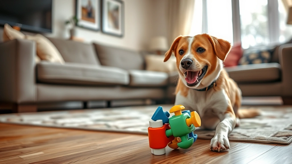 why do dogs roll in poop -
Photorealistic happy dog playing with a puzzle toy in a living room, focused an