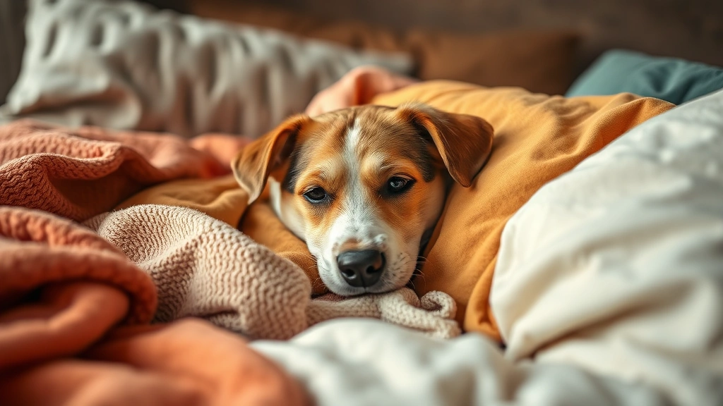 why do dogs scratch at the bed -
Anxious dog nesting in bed with blankets and pillows, photorealistic style, com