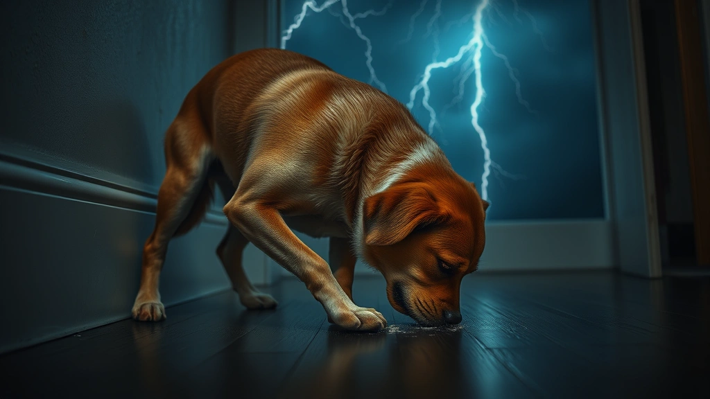 why do dogs scratch the floor -
Anxious dog scratching floor during thunderstorm, nervous posture, dark moody a