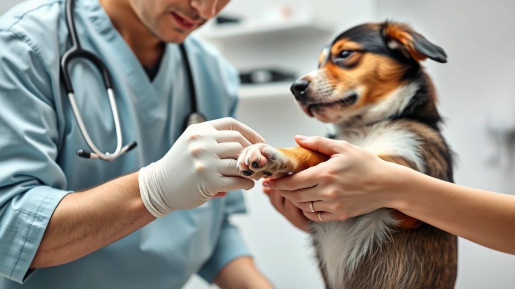 why do dogs scratch the floor -
Veterinarian examining a dog’s paw and skin during a checkup, professiona