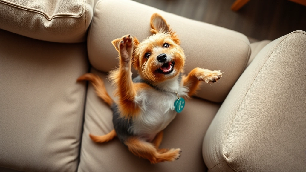 why do dogs shake their legs when you scratch them -
Photorealistic overhead shot of a small terrier on a couch doing the leg-shake