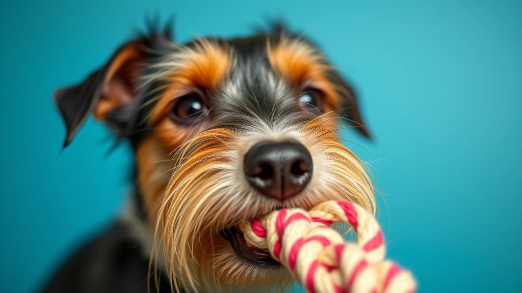 why do dogs shake their toys -
Close-up of a terrier dog’s face intensely focused on shaking a rope toy
