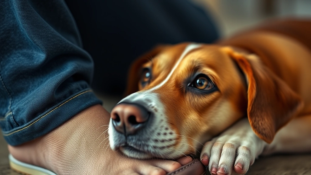 why do dogs sit by your feet -
Photorealistic close-up of a dog’s face looking up affectionately while r