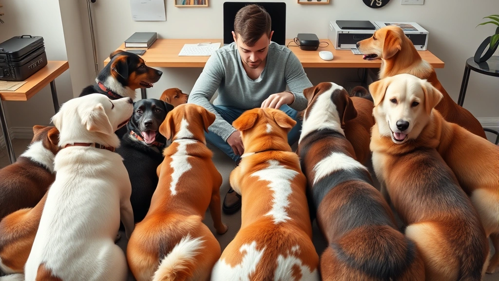 why do dogs sit by your feet -
Photorealistic image of multiple dogs of different breeds gathered around a per