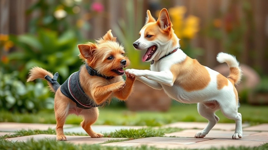 why do dogs sneeze when excited -
A small terrier mid-play bow with another dog, both dogs appearing joyful and e