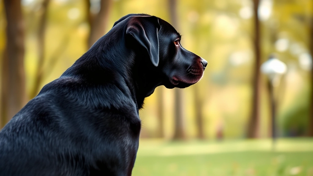 why do dogs sniff before they poop -
Side view of a black lab in a sniffing stance in a park setting, trees in soft 