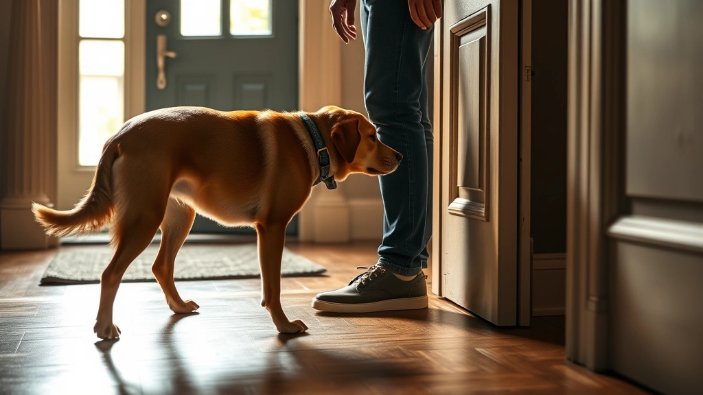 why do dogs sniff your crotch -
Photorealistic scene of a dog greeting a person at a doorway, the dog sniffing