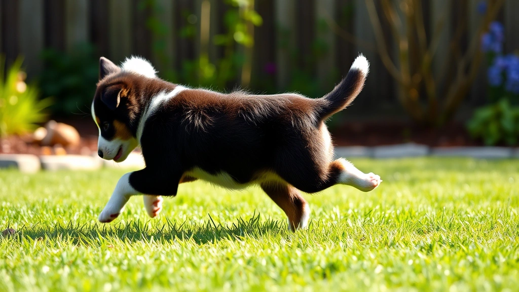 why do dogs spin in circles -
Photorealistic border collie puppy chasing its own tail in a grassy backyard, p