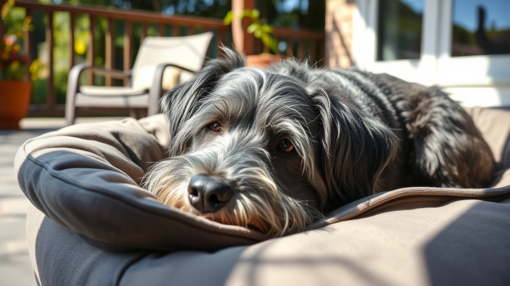 why do dogs sunbathe -
Senior gray-muzzled dog resting on a comfortable bed in dappled sunlight on a p