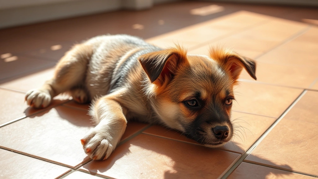 why do dogs sunbathe -
Small dog stretched out on warm tiles in bright natural sunlight

