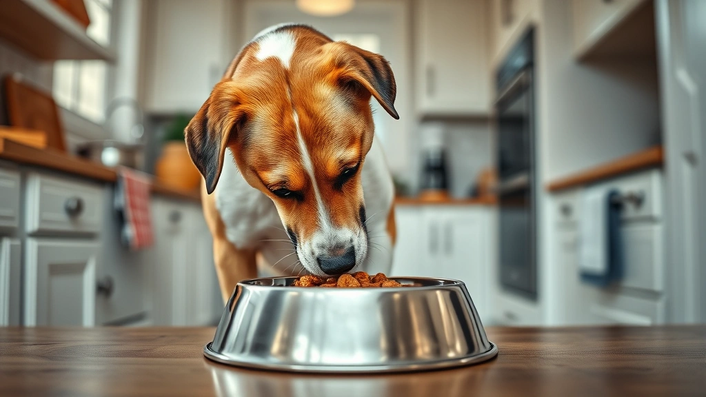 why do dogs throw up bile -
Photorealistic image of a dog eating from an elevated food bowl in a bright kit