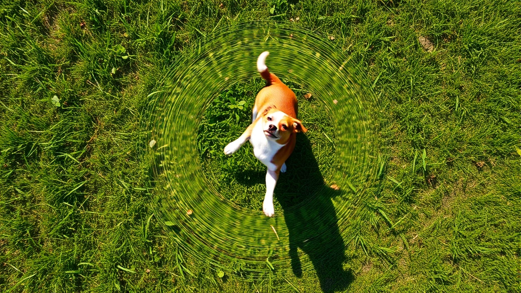 why do dogs walk in circles before they lay down -
Small brown and white dog spinning in a circle on grass outdoors, viewed from a