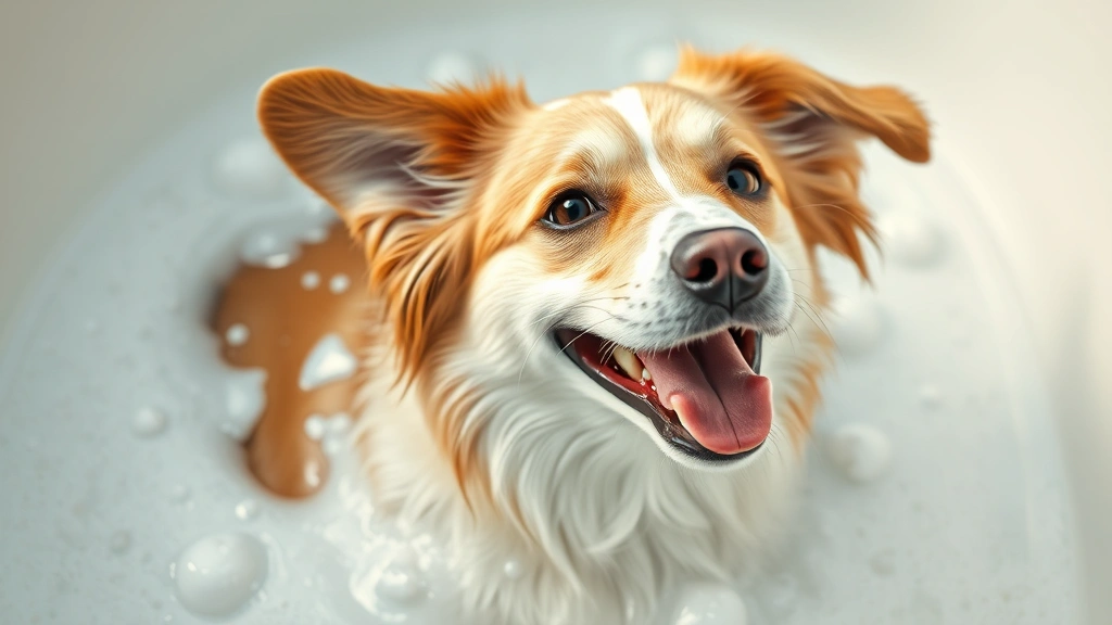 why do dogs wallow in poop -
Photorealistic image of a happy dog being bathed in a tub with soap suds
