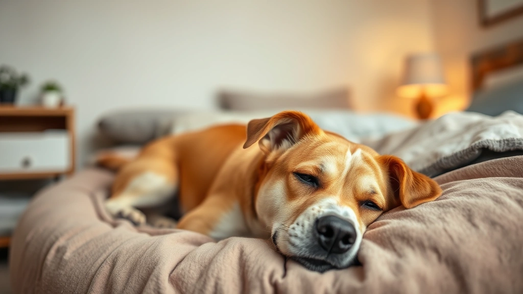 why do dogs whimper in their sleep -
A senior dog resting on a comfortable bed in a calm bedroom environment with so