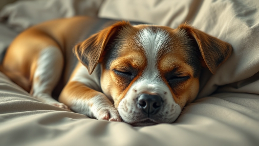 why do dogs wink -
Photorealistic image of a small dog lying on a bed appearing sleepy with partia