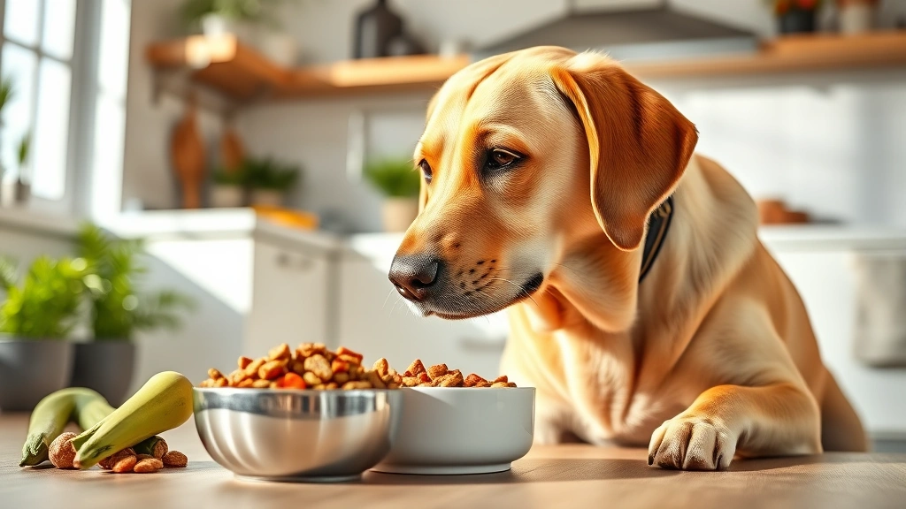 why do female dogs drag their bottoms on the ground -
Photorealistic image of a female Labrador eating high-fiber dog food from a bow