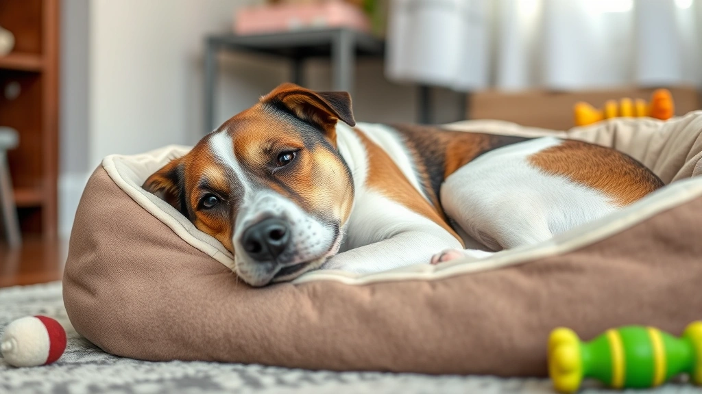 why do female dogs hump male dogs -
A calm female dog lying on a dog bed indoors with toys around her, relaxed and