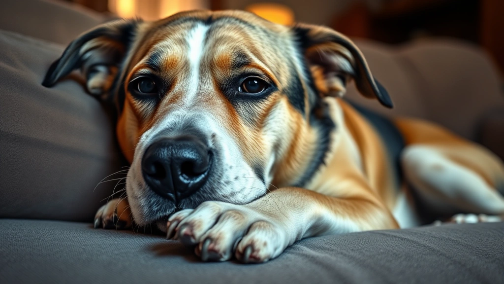 why does a dog chew on his paws -
Photorealistic image of a dog lying on a couch looking uncomfortable and stress